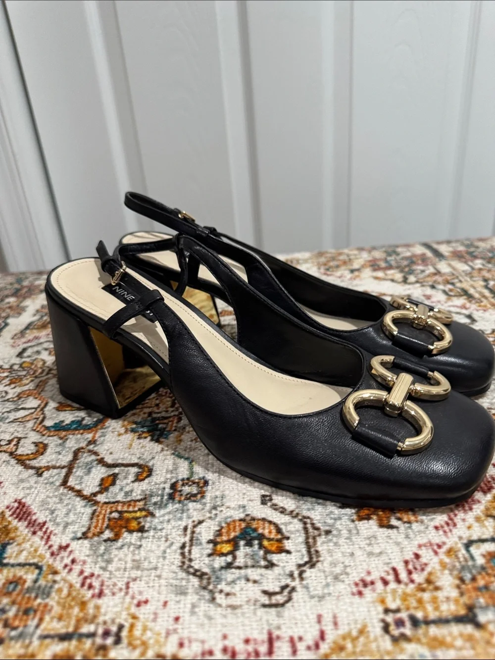 Nine West Black Leather Slingback Block Heels with Gold Chain Detail